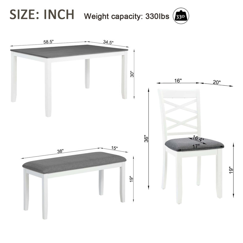Ensemble de table de salle à manger moderne 6 pièces, table de salle à manger en bois avec 4 chaises à dossier en croix et 1 banc pour la salle à manger et la cuisine