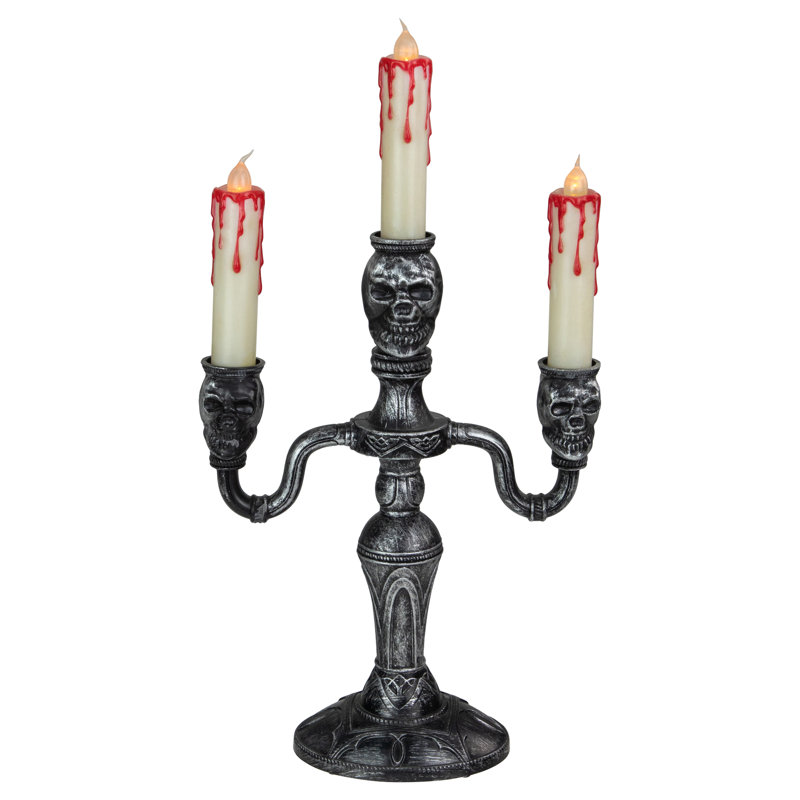 Antique Silver Skull Trio Halloween Candelabra with Dripping Blood LED Candles