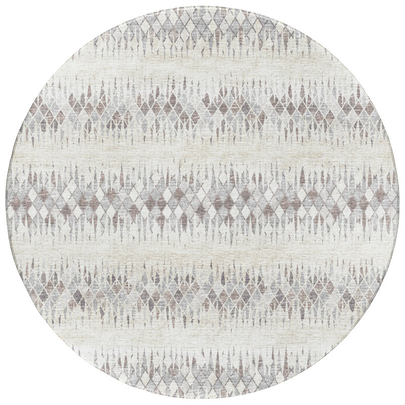 Tapis géométrique beige tissé à la machine, Rond 8 pi