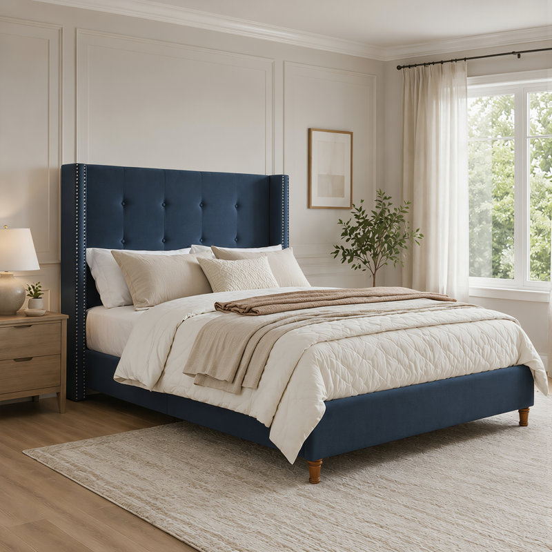Lit tapissier 54 po en velours bleu avec tête de lit à oreilles et capitonnage à boutons, Bleu