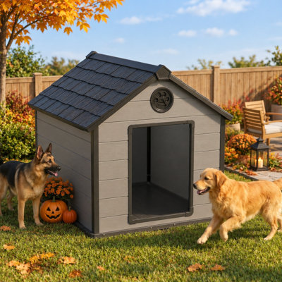 Grande niche pour chien d'extérieur 42,17 po avec plancher surélevé et résistant aux intempéries (noir et gris)