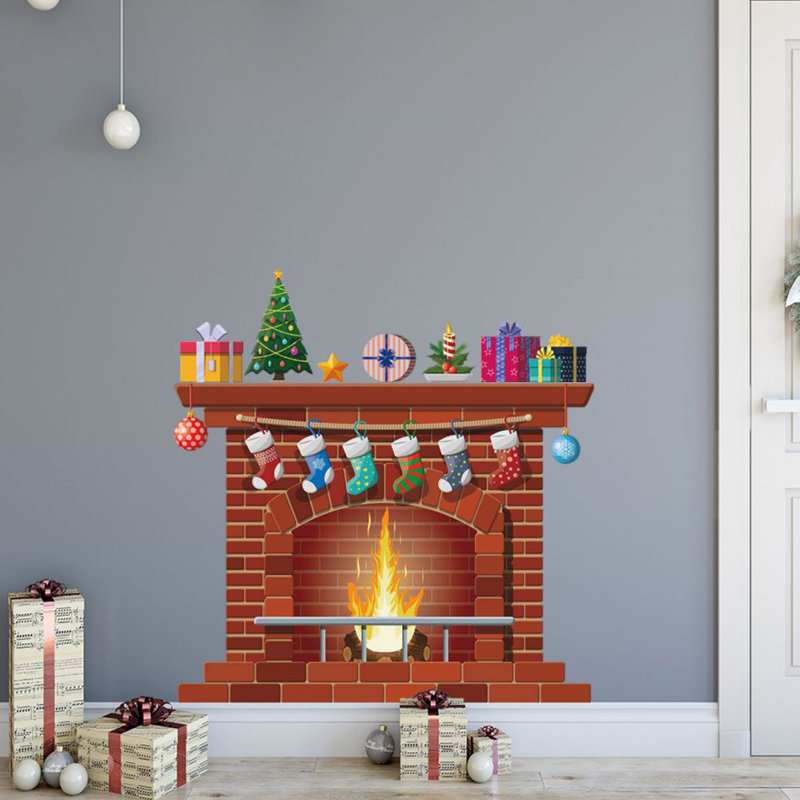 Christmas Fireplace Wall Stickers,Holiday Graphics Self-Adhesive,Window Decal
