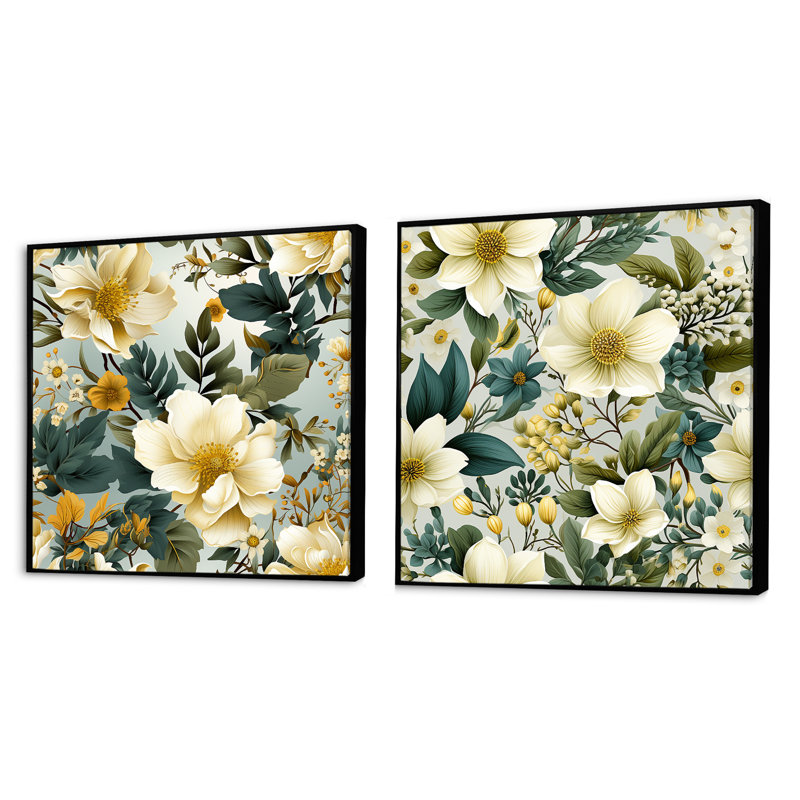 Charline - Ensemble de 2 collages carrés floraux, Cadre flottant noir, H 30 po x l 61 po