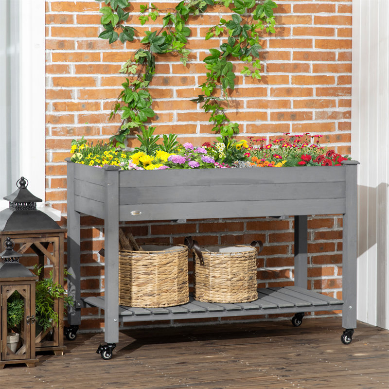 Lit de jardin surélevé avec roues verrouillables, tablette de rangement et doublure de lit pour la cour et le patio, gris foncé