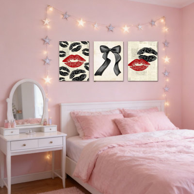 3-Piece Vintage Funky Red Kiss Unframed Canvas Wall Art  16" X 24"