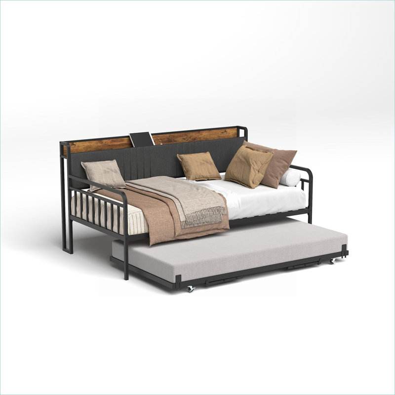 Upholstered Twin Daybed Frame, Metal Construction Classic Gray With Trundle And Built-In Charging Station Fits Bedroom, Living Room And Guest Room