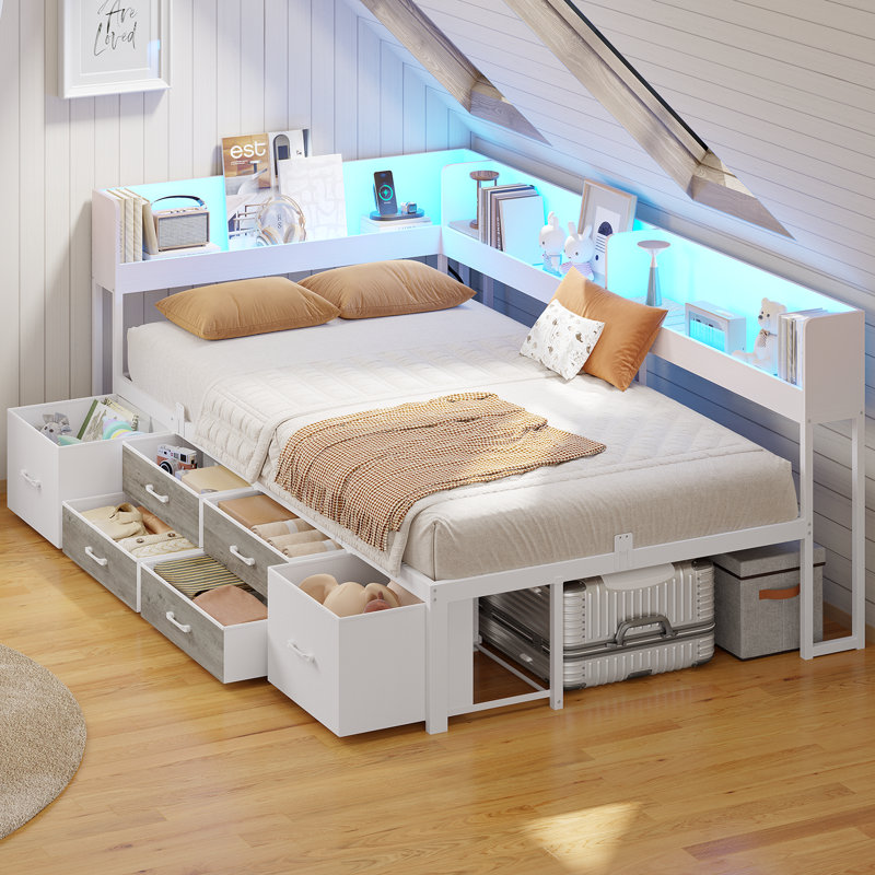Daybed with 6 Drawers LED Corner Bed with Bookcase & Charging Station Metal Platform Bed Frame for Bedroom, Guest Room, Twin