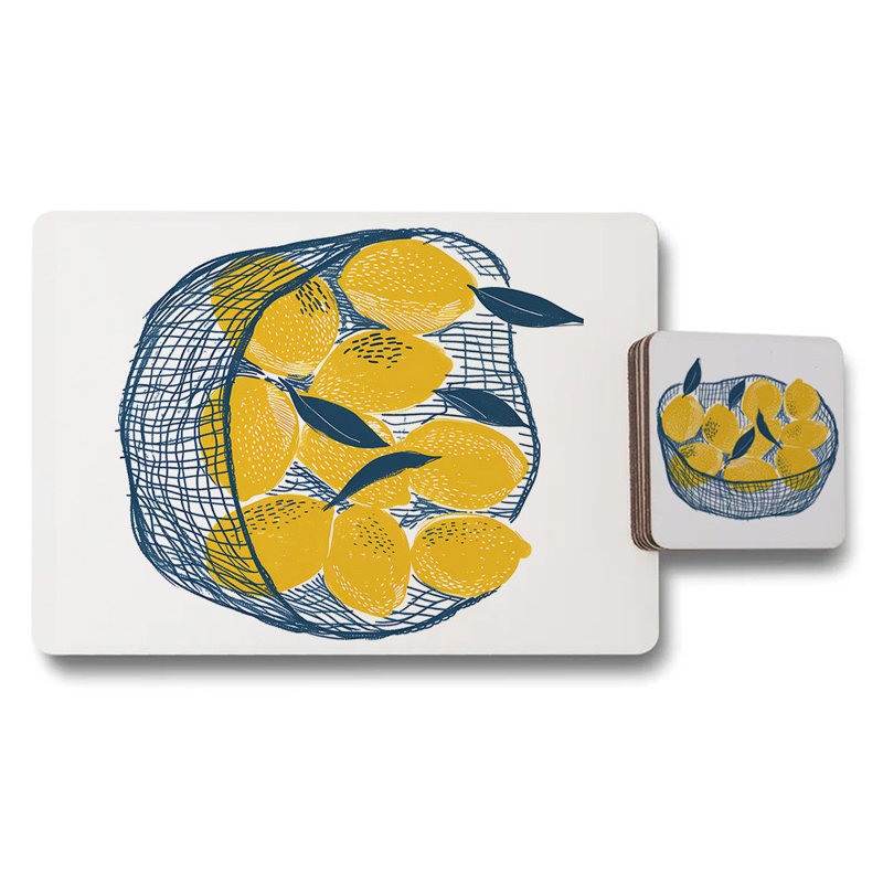 Lemon Basket Placemat And Coaster Set With Wood Base Designer Artwork Print Technology Limited Edition