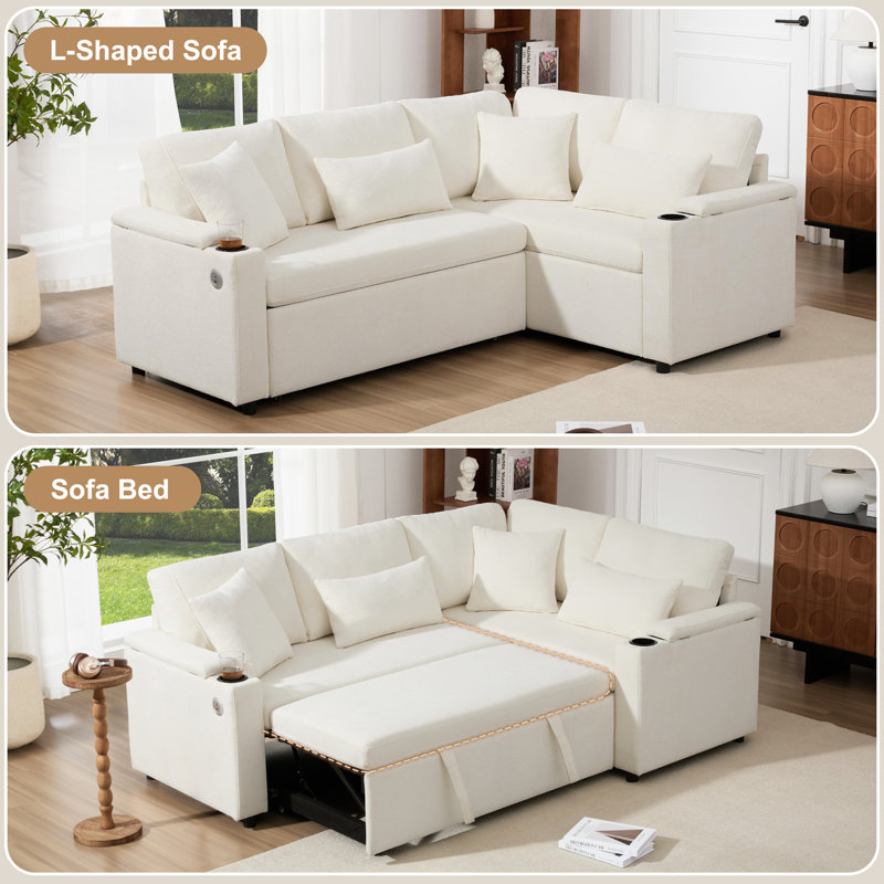 Chenille L-Shaped Extendable Convertible Corner Sofa with Storage, Cup Holders, USB Charging Port, Armrest Tray and 4 Cushions