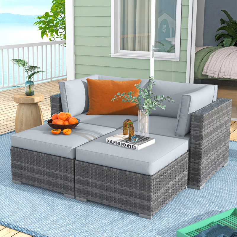Alishea 4-Piece Rattan Outdoor Sofa with Cushions, Brown Frame/Navy Cushion