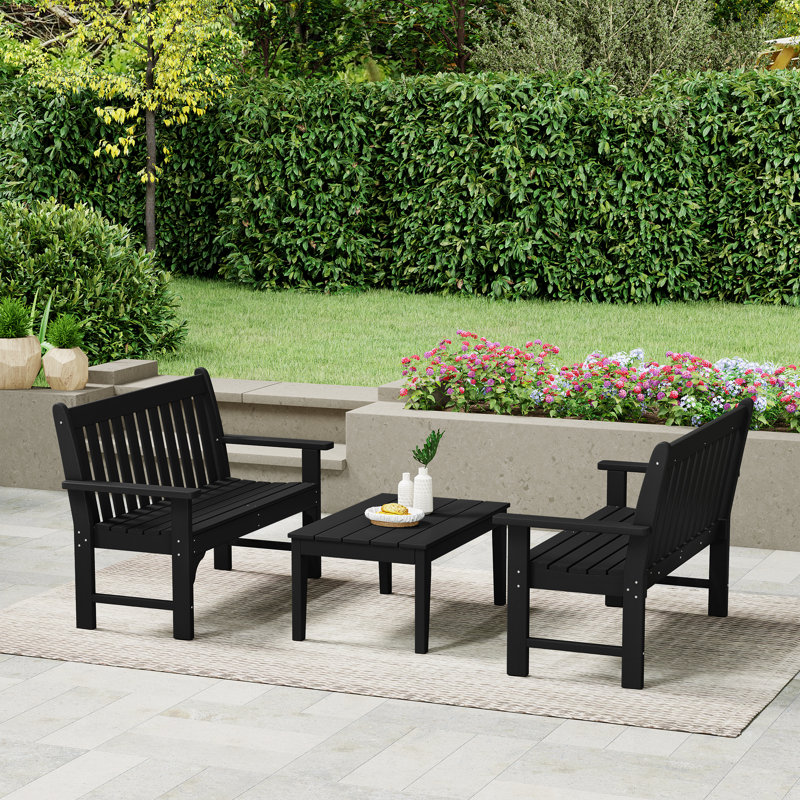 Laguna Poly 3-Piece Bench With Coffee Table, Black
