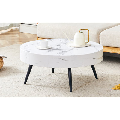 " round coffee table with white marble-pattern mdf top & black metal legs, adjustable feet for living room