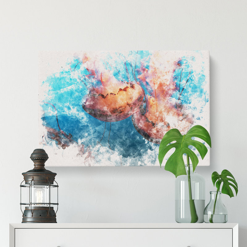 Pink Jellyfish Watercolour - Wrapped Canvas, 35cm H x 50cm W x 3cm D