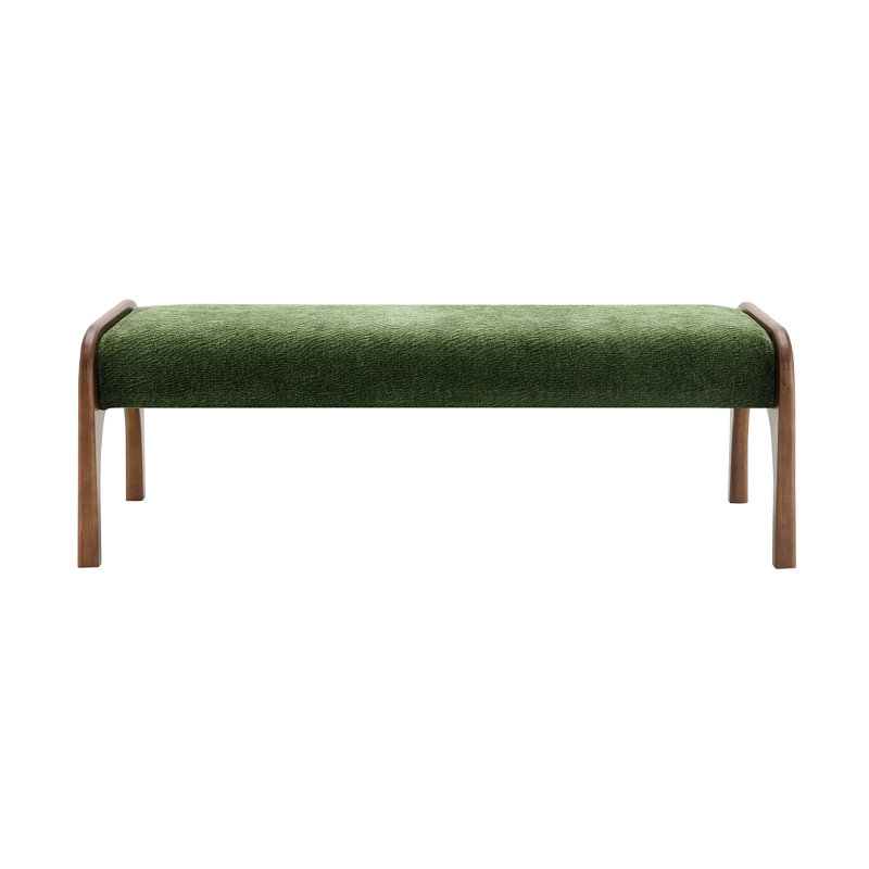 Long banc rembourré, banc de salle à manger moderne avec tissu en chenille doux et pieds en bois d'hévéa, chenille, Vert