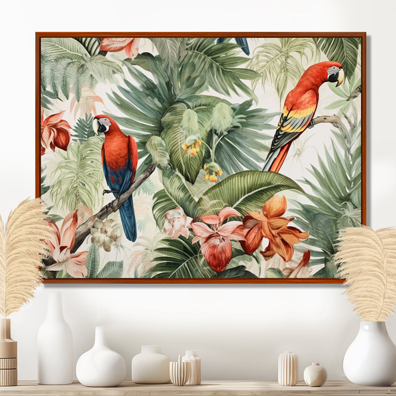 Perroquet au paradis I - art mural perroquet, H 24 po x l 32 po x P 1 po, Brown Floater Framed