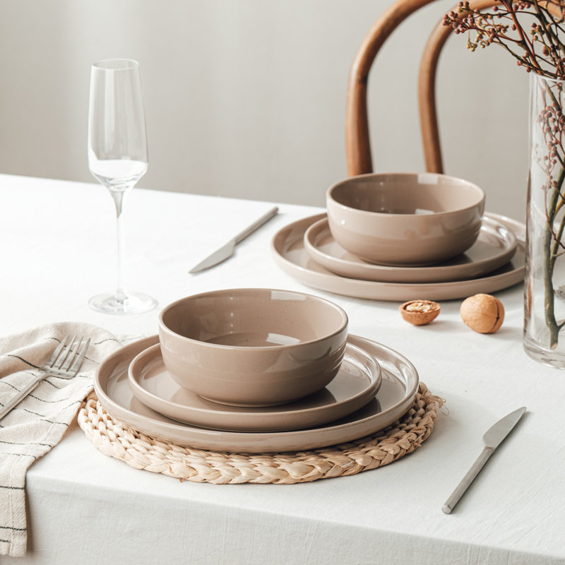 Ensemble 18 pièces de vaisselle en grès, assiettes à salade et bols à céréales pour 6 personnes, 18 pièces, Cinnamon Brown