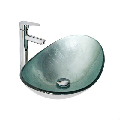 Tempered Glass Vessel Bathroom Sink With Black Pop-Up Drain (No Faucet)
