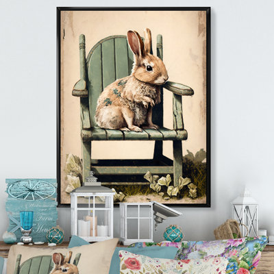 Lapin assis sur une chaise en bois - reproduction sur toile