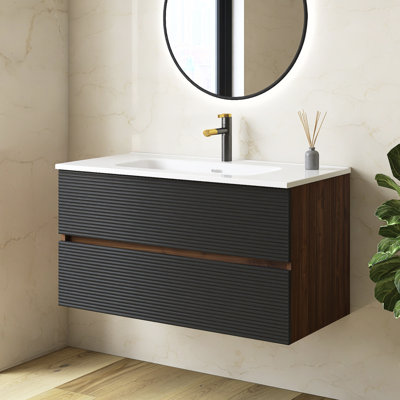 Meuble-lavabo flottant 36 po noir et noyer, lavabo intégré en céramique avec trop-plein et 3 trous de robinet, rangement spacieux pour les salles de bain modernes