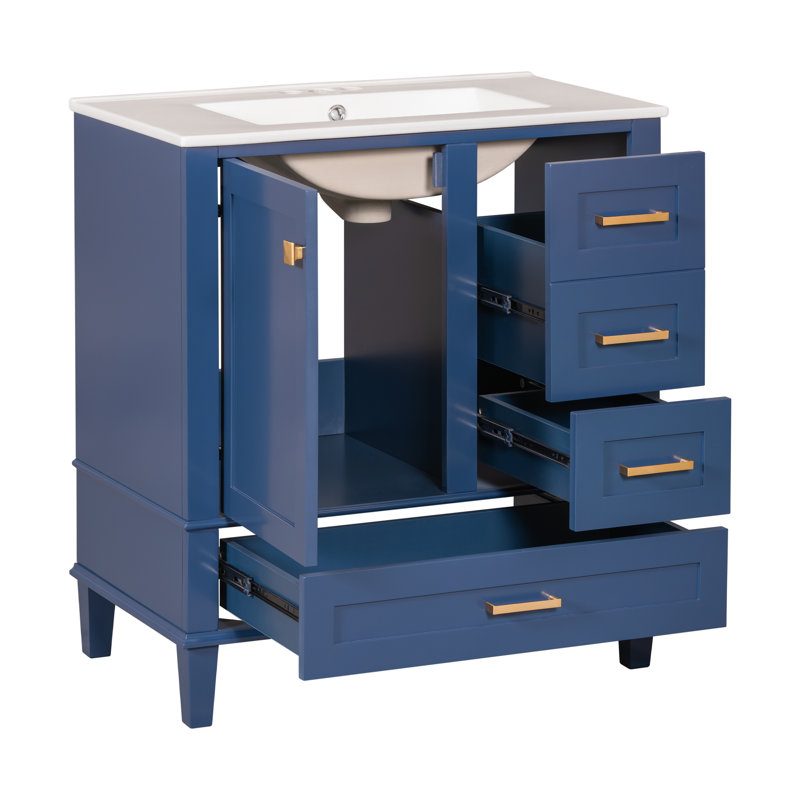 Meuble-lavabo de rangement simple avec comptoir en céramique, Bleu, 30"