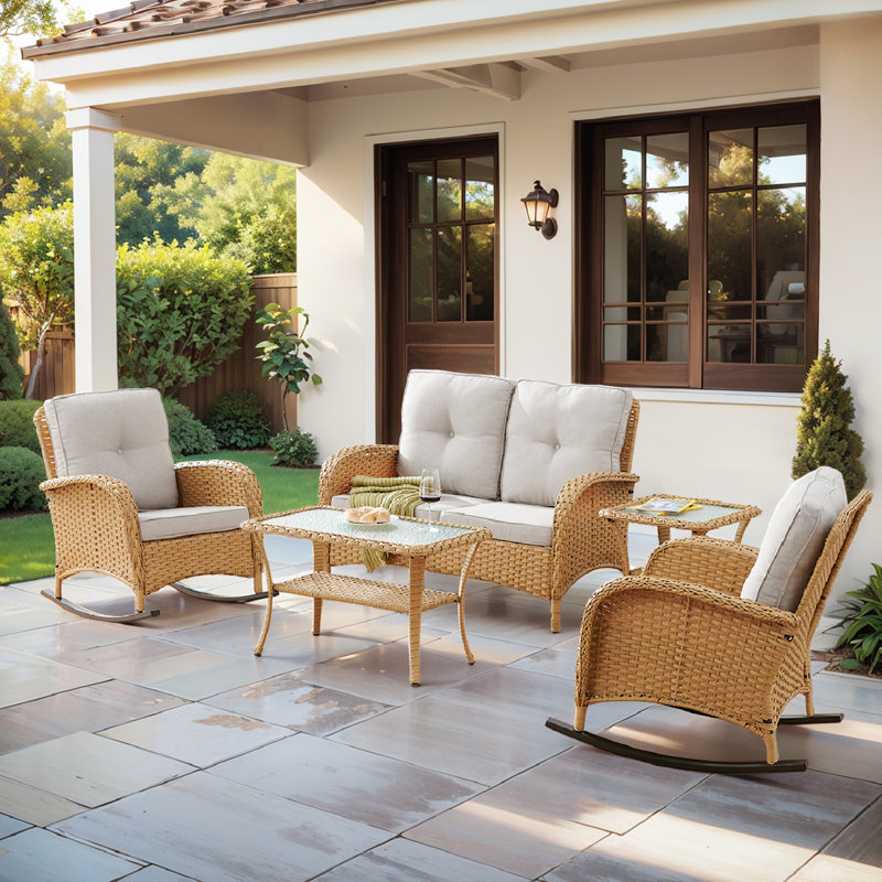 Aluel Wicker 4 - Person Patio Conversation Set with Cushions, Natural Frame/Beige Cushion