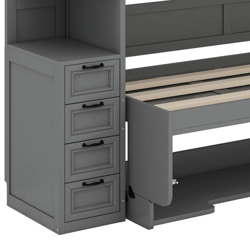 Lit escamotable simple avec armoire murale, armoire et bureau, Gris