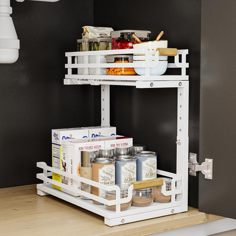 Organisateur sous l'évier avec rangement coulissant à 2 niveaux, hauteur réglable, fabrication en acier robuste pour l'organisation de la salle de bain et des armoires de cuisine