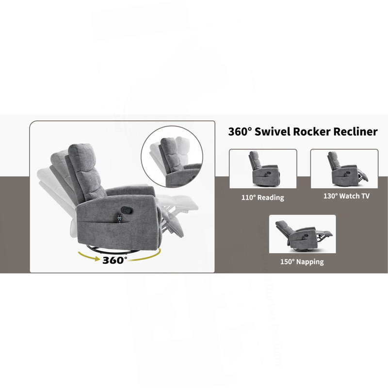 Heat Massage Manual Recliner Chair With Rocker And Swivel In Fabric For Living Room, Dark Gray
