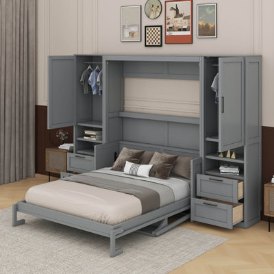 Grand lit escamotable mural avec placard, tiroirs et tablettes