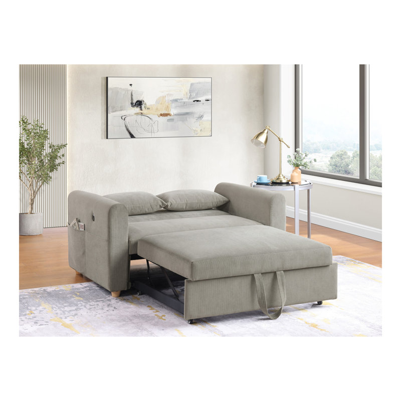 Causeuse convertible en velours côtelé l 55 po Marielle avec ports USB, poches pour magazines et coussins Marielle, Gris