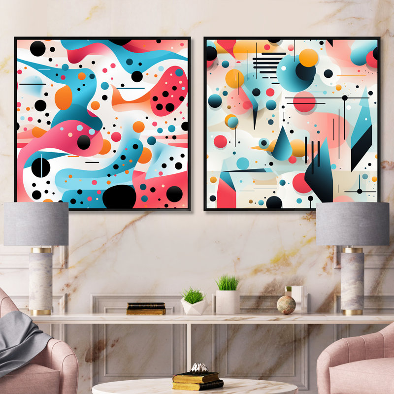 «Pink and Blue 1950S Trendy Patterns I - Abstract Collages Square», ensemble de 2, Cadre flottant noir, H 16 po x l 33 po
