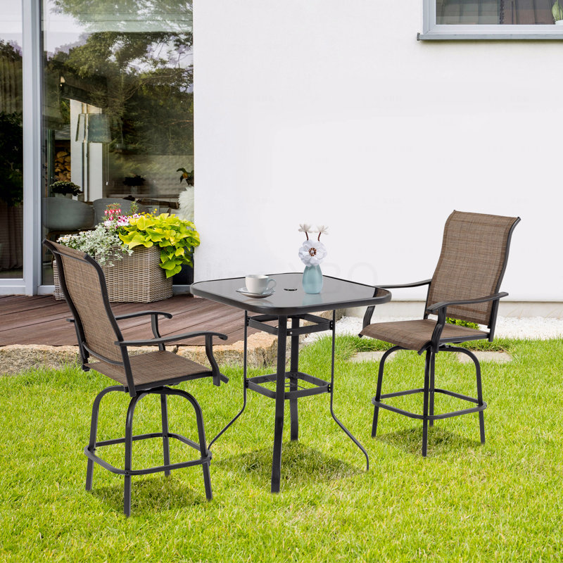 Patio Set Of 2 Outdoor Swivel Bar Stools With Armrests, Bar Height Steel Frame For Balcony Brown