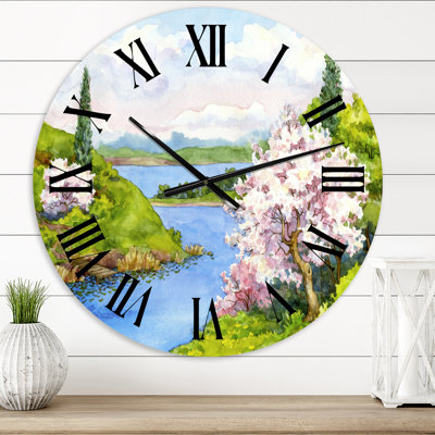 Paysage de printemps sous un ciel bleu vif - Horloge murale traditionnelle
