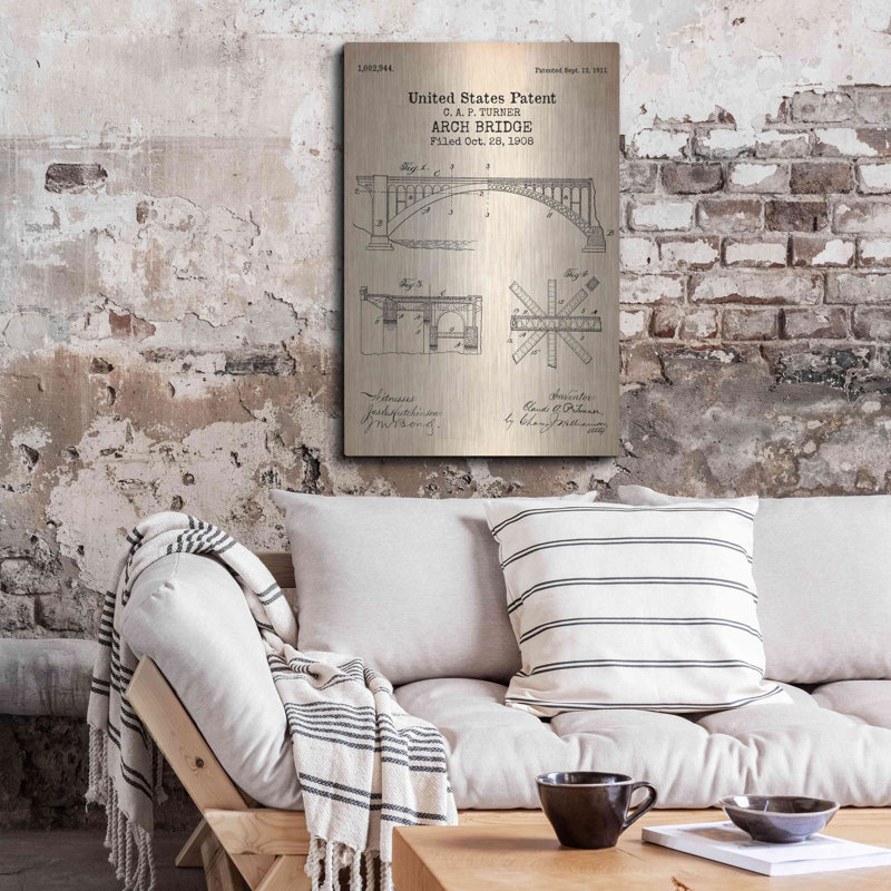 «Arch Bridge Blueprint Brevet Parchment», art mural en métal, H 36 po x l 24 po