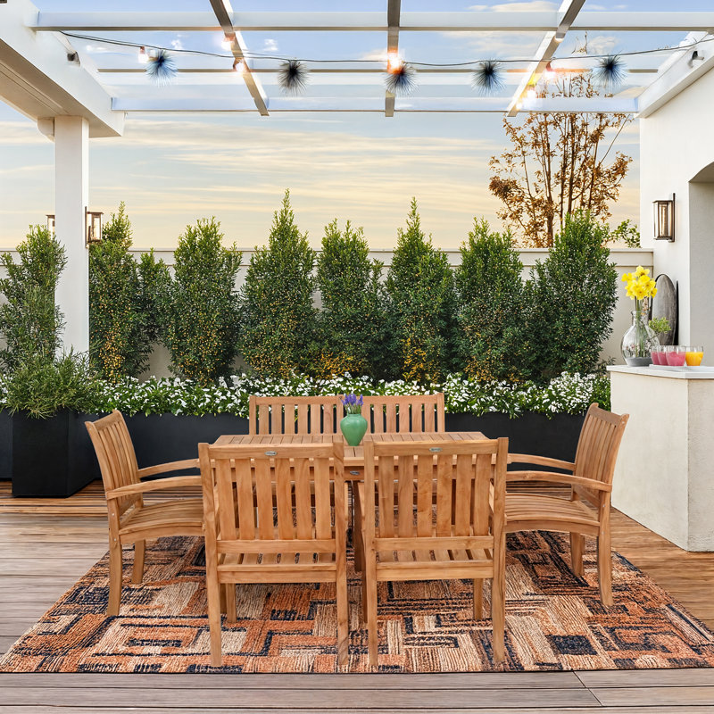 Hegyera 7 Piece Teak Wood Bistro Dining Set Including 63" Rectangular Table With 6 Hegyera Arm Chairs