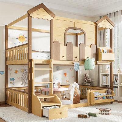 Full over Full House Bunk Bed with Storage Bookshelf and Drawer, Solid Wood Bunk Bed with Roof and Windows, Childlike Playhouse And Detachable Design