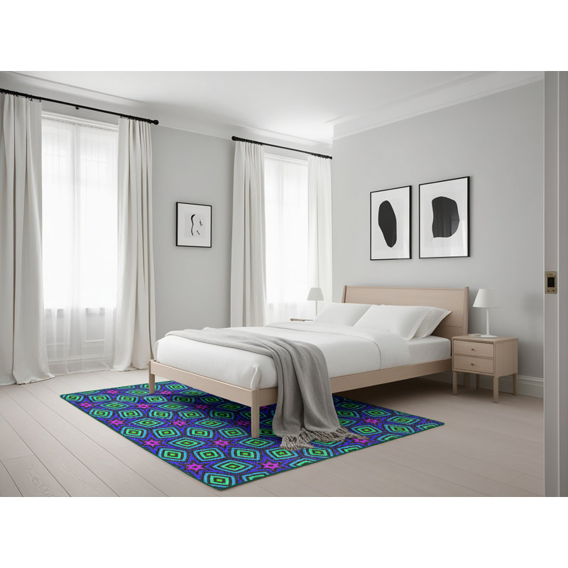 Tapis décoratif vert géométrique, Rectangle 5 pi x 7 pi