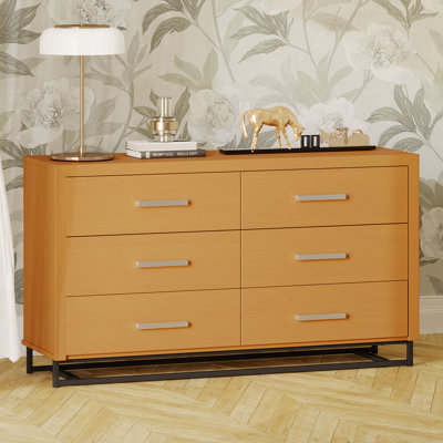 Commode à six tiroirs de style rétro, brun-jaune