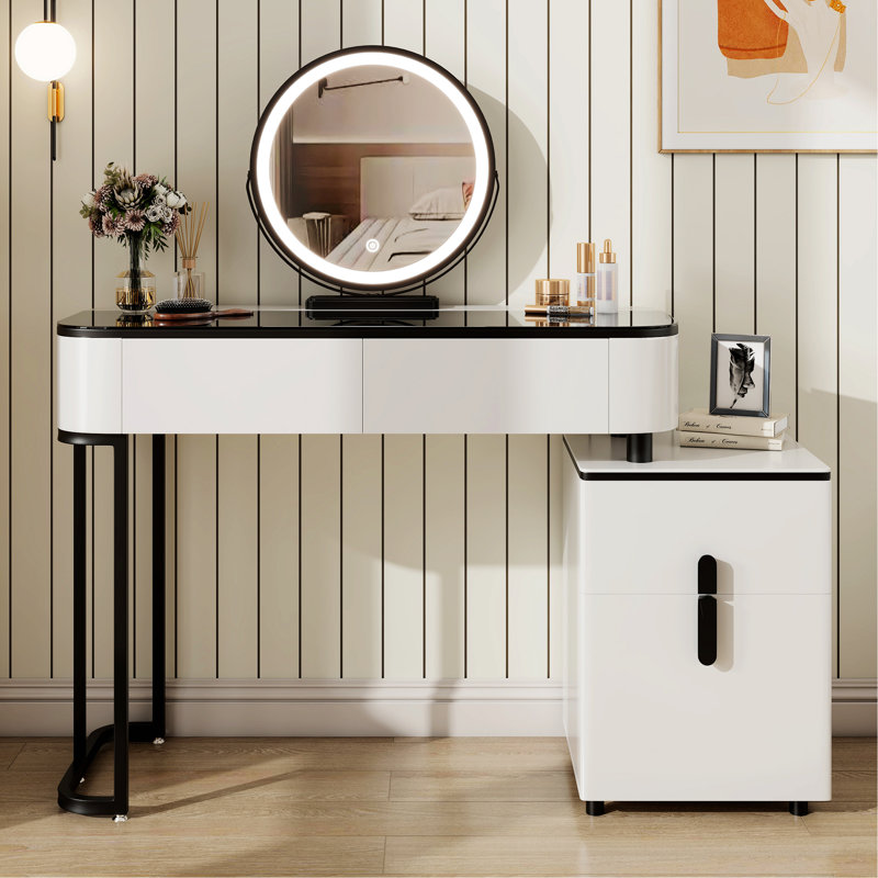 Modern Vanity Table With Tempered Glass Top, Adjustable Height Legs, And Round Mirror