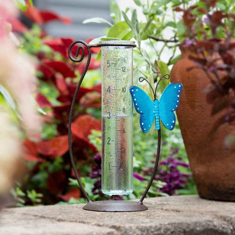 Blue Butterfly Handcrafted Glass Rain Gauge with Metal Stand