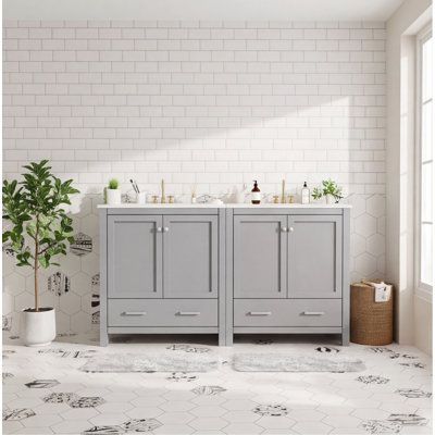 Ensemble de meuble-lavabo gris 60 po avec double lavabo, meuble-lavabo séparé, tablettes de rangement et tiroirs divisés - Meuble-lavabo autoportant moderne pour grandes salles de bain, miroir non inclus