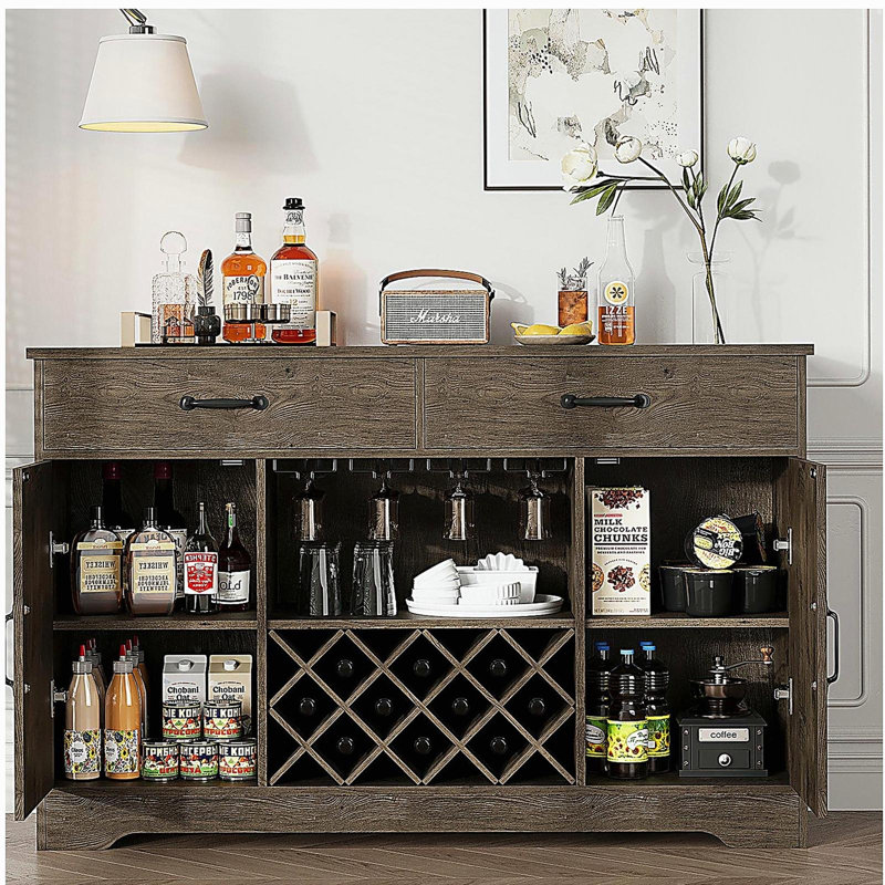 Armoire à café avec rangement et support à vin, porte-verre et 2 tiroirs, console buffet pour la salle à manger, gris chêne