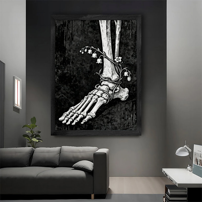 Reproduction encadrée de pieds noirs encadrés de fleurs de lys de la vallée, H 17 po x l 13 po