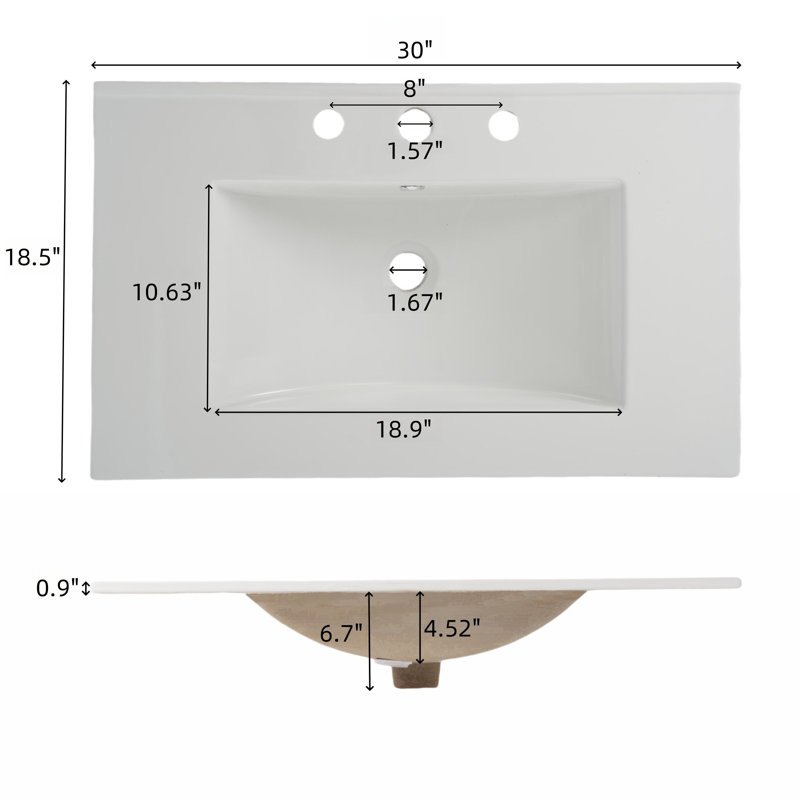 Meuble-lavabo 30 po avec lavabo en céramique - Tiroirs encastrés à fermeture douce, conception biseautée sans poignée, meuble-lavabo flottant