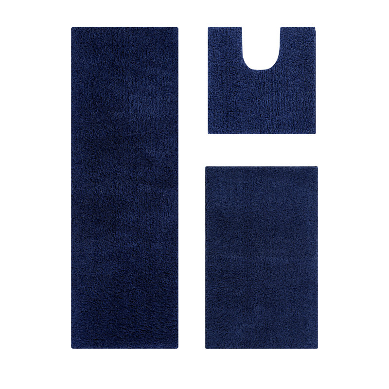 Loida Collection 100% Polyester Machine Washable 3 Piece Plush Bathroom Rug Set, Navy