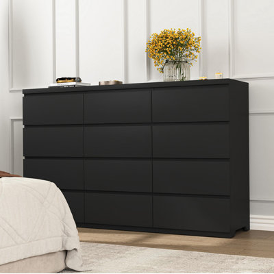 Commode 12 tiroirs double, commode en bois moderne avec grand espace de rangement pour la chambre à coucher, noir