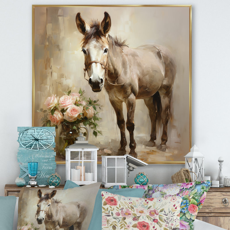«Farmhouse Donkey In Field I», art mural âne, Cadre flottant doré, H 30 po x l 30 po x P 1,5 po