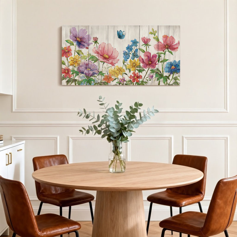Animaux, fleurs colorées sur fond en bois avec papillon, H 28 po x l 58 po