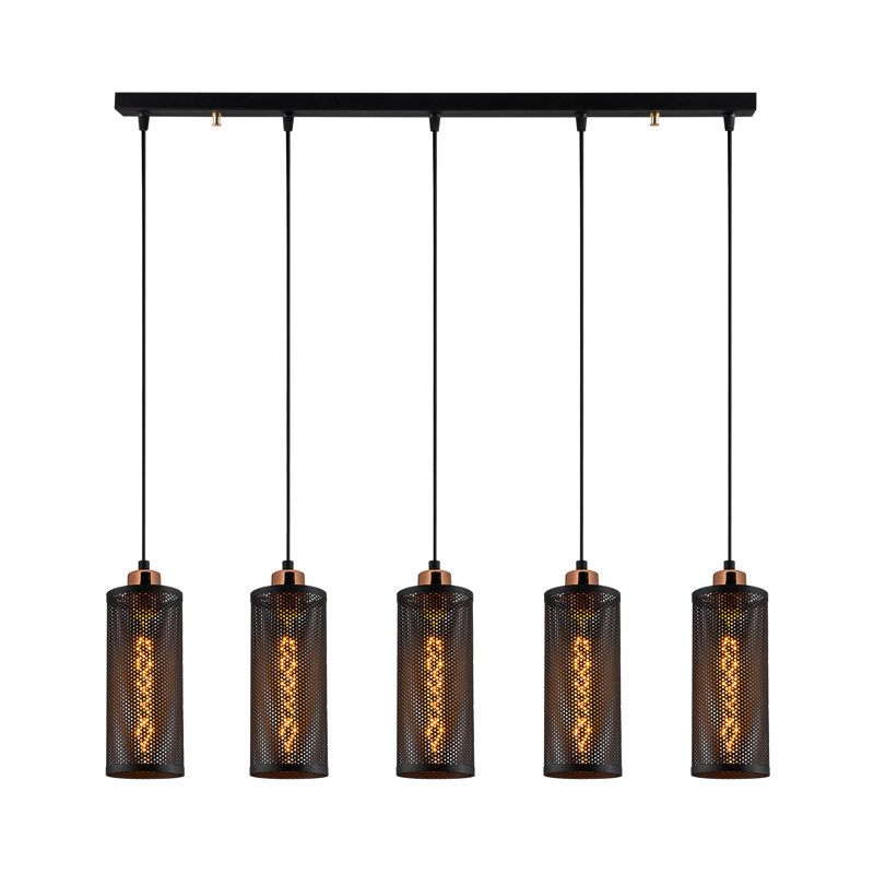 Lustre industriel moderne, structure en métal noir et bronze, 45,3 po x 3,9 po | Hauteur réglable jusqu'à 45,7 pouces | 5 x douilles E27, 40 W maximum | Design scandinave élégant pour la salle à manger et l'espace de vie