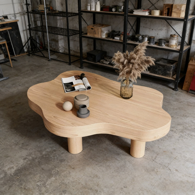 32 Inch Modern Nordic Cloud-Shaped Coffee Table | 3-Leg Solid Natural Larch Wood Center Table for Living Room & Bedroom